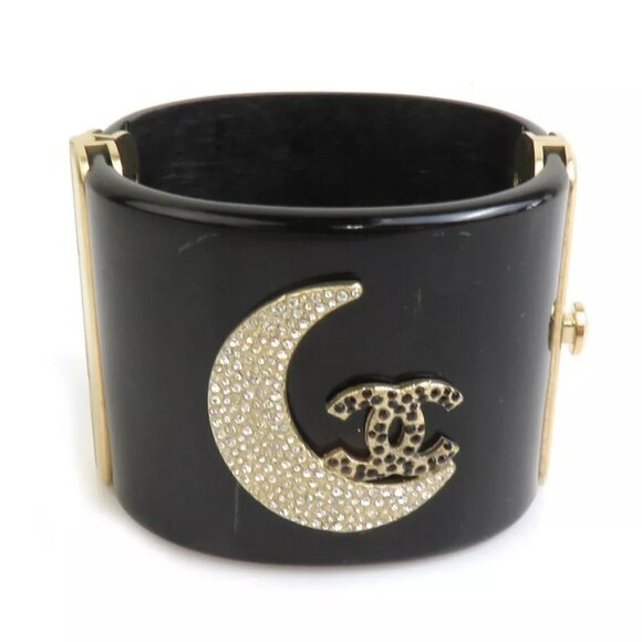 Auth CHANEL CC Logo Moon Bangle Bracelet Black/Gold/Silver Metal/Wood